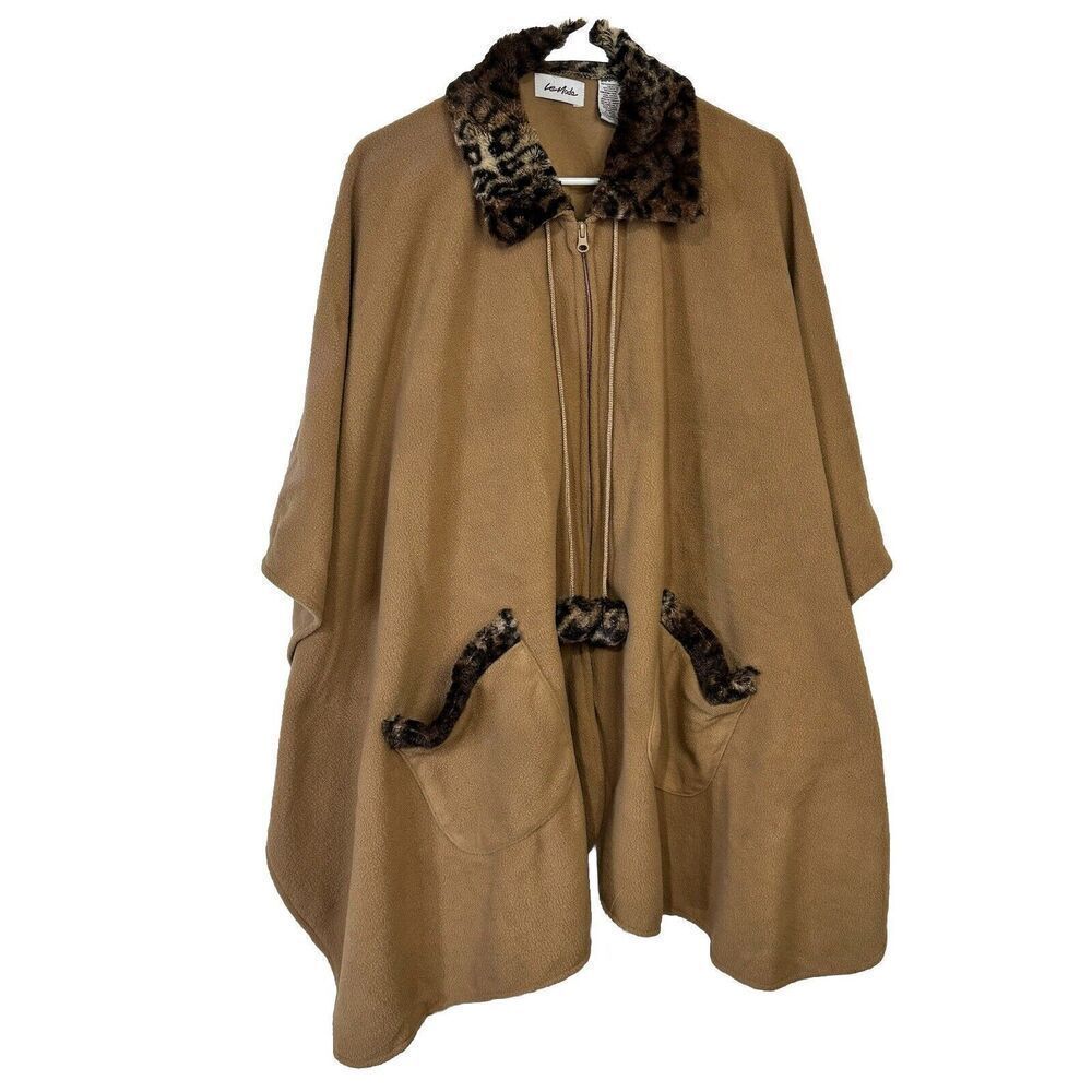 Le Moda Cape Woman One Size‎ Brown Front Zip Faux Fur Trim Collar